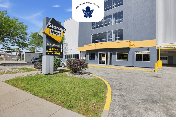 Facility exterior with Toronto Maple Leafs logo for StorageMart in Ontario, CA